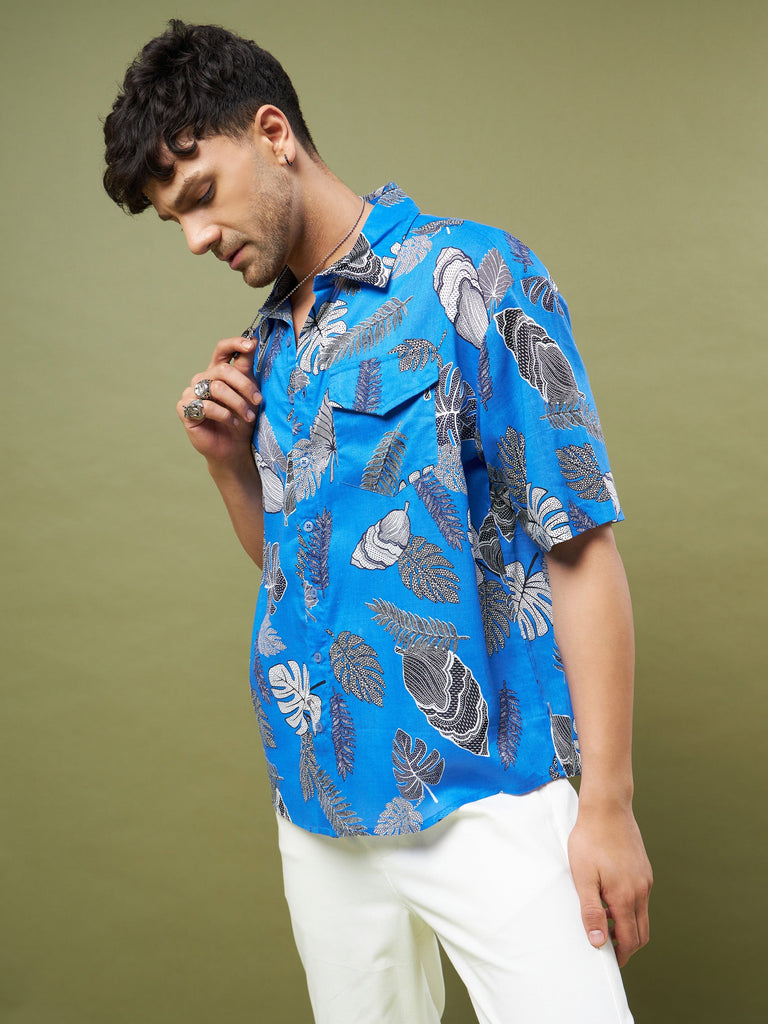 Men's Blue & Black Tropical Print Oversized Shirt