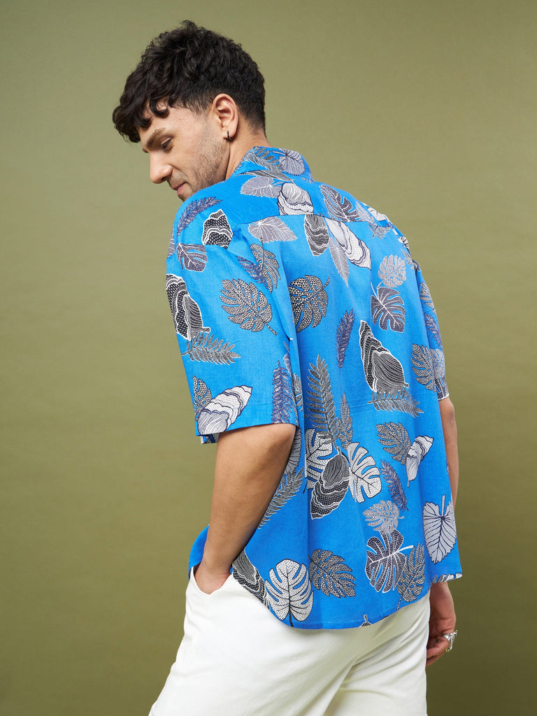 Men's Blue & Black Tropical Print Oversized Shirt