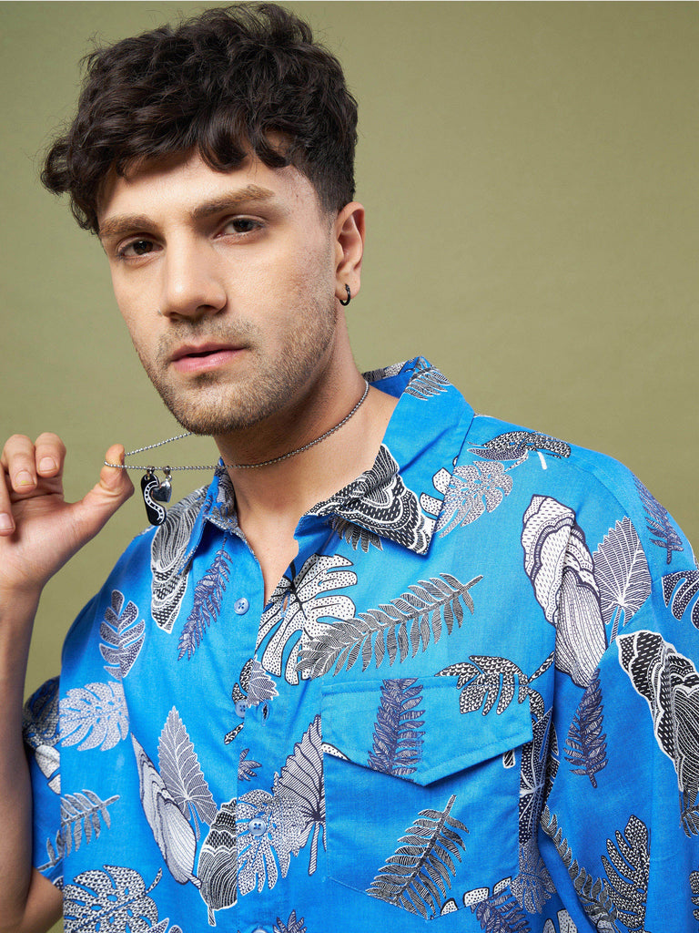 Men's Blue & Black Tropical Print Oversized Shirt