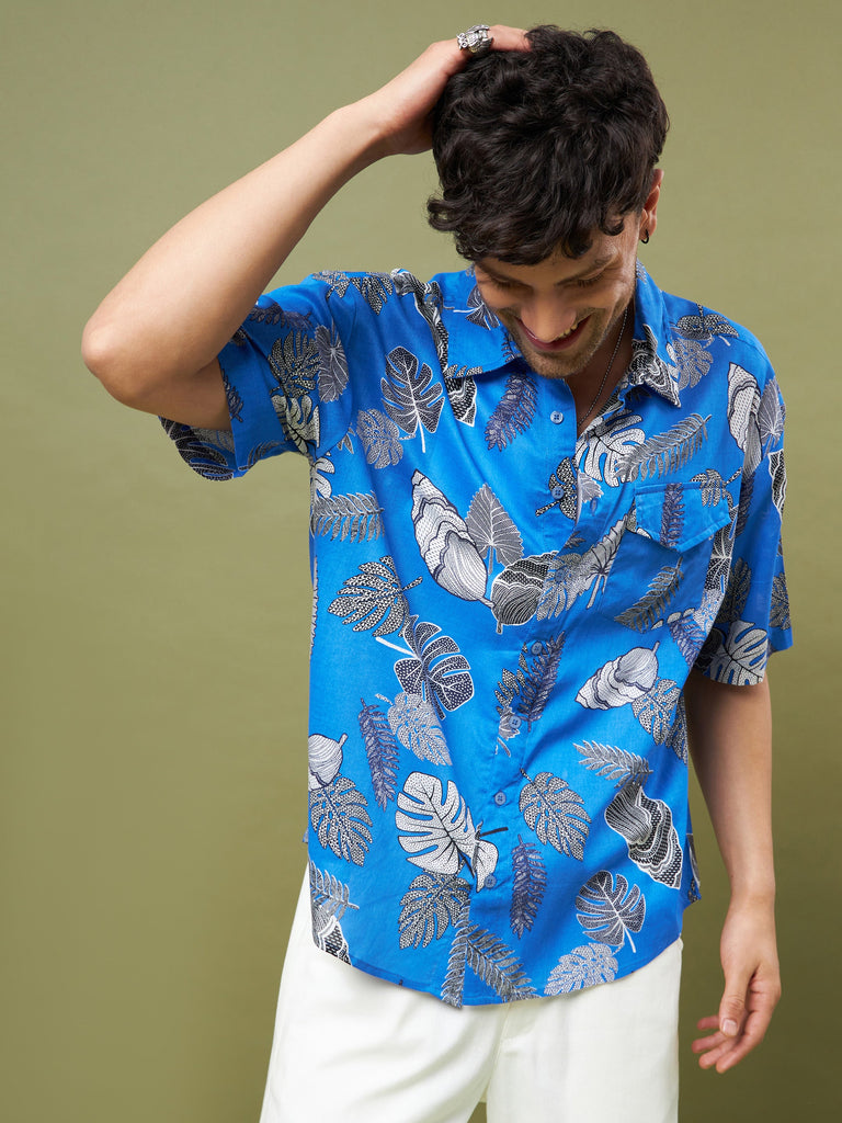 Men's Blue & Black Tropical Print Oversized Shirt