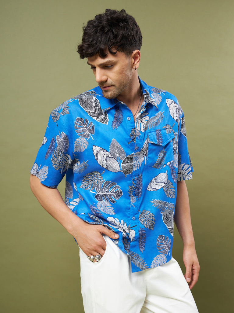Men's Blue & Black Tropical Print Oversized Shirt