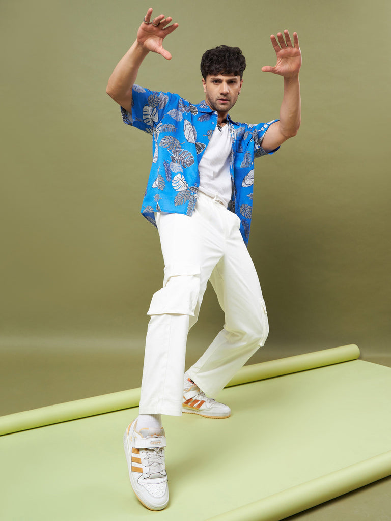 Men's Blue & Black Tropical Print Oversized Shirt