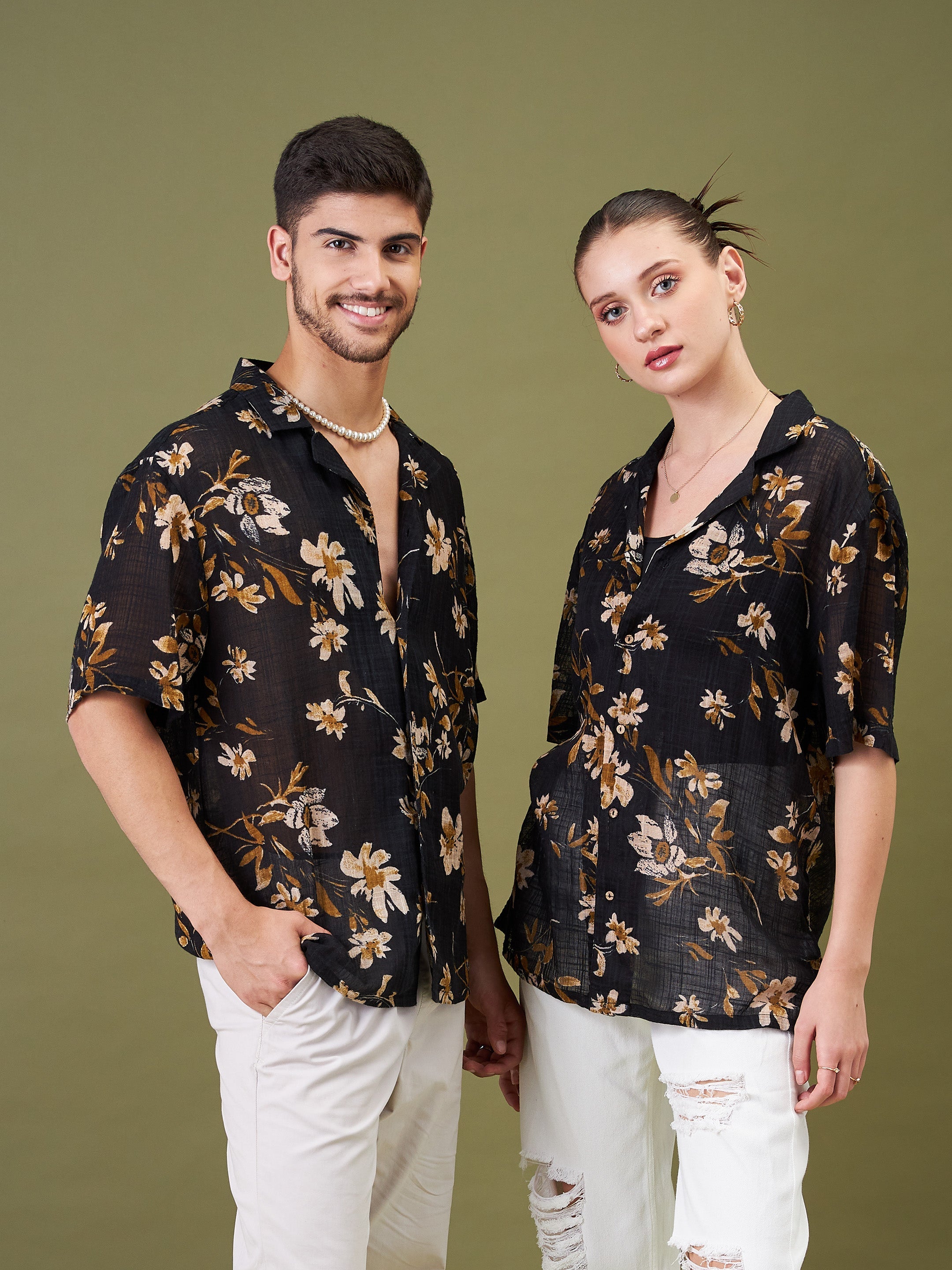 Unisex Black Floral Relax Fit Shirt - MASCLN SASSAFRAS