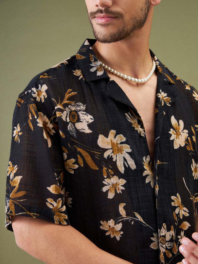Unisex Black Floral Relax Fit Shirt