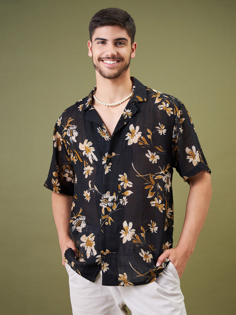 Unisex Black Floral Relax Fit Shirt