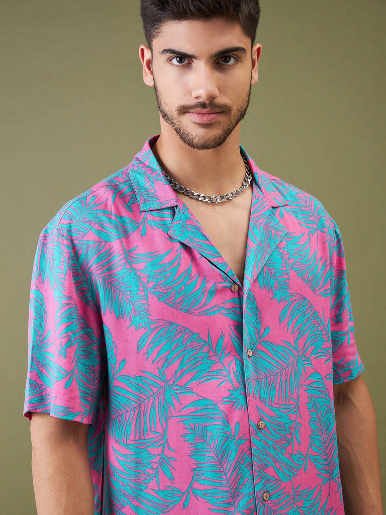 Unisex Fuchsia & Green Tropical Floral Relax Fit Shirt