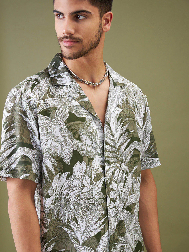 Unisex Olive & Whie Tropical Floral Relax Fit Shirt