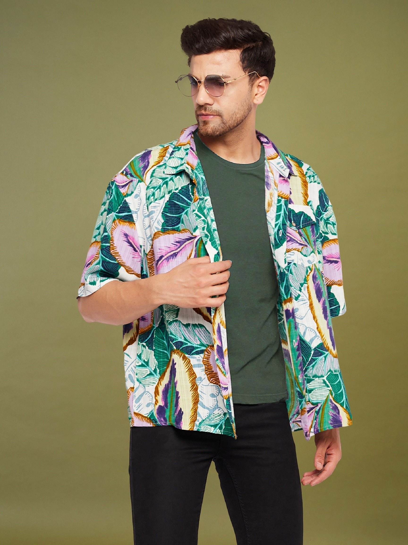 Men's Green & Purple Tropical Print Oversized Shirt - MASCLN SASSAFRAS