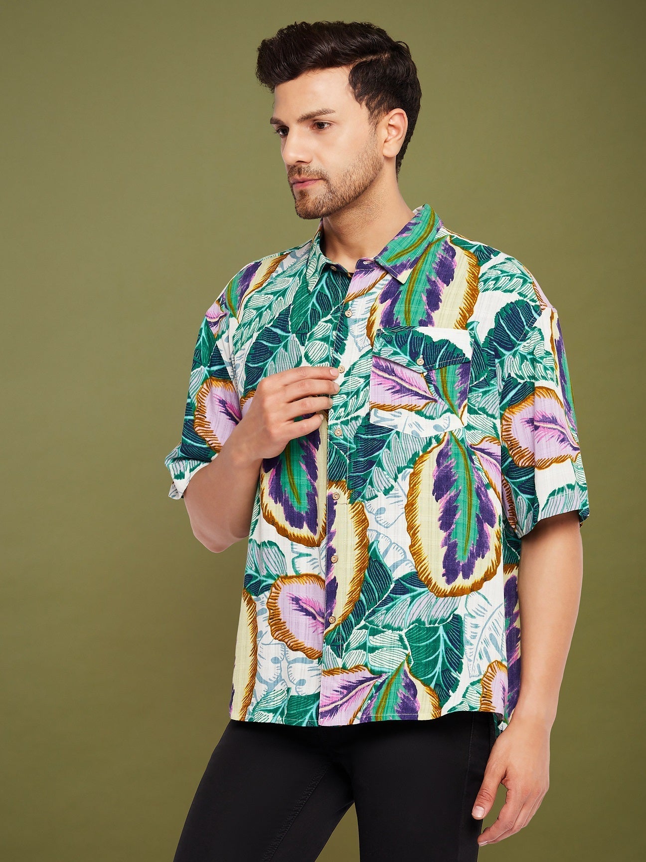 Men's Green & Purple Tropical Print Oversized Shirt - MASCLN SASSAFRAS