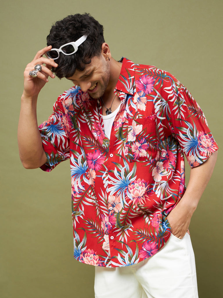 Men's Red Tropical Floral Oversized Shirt