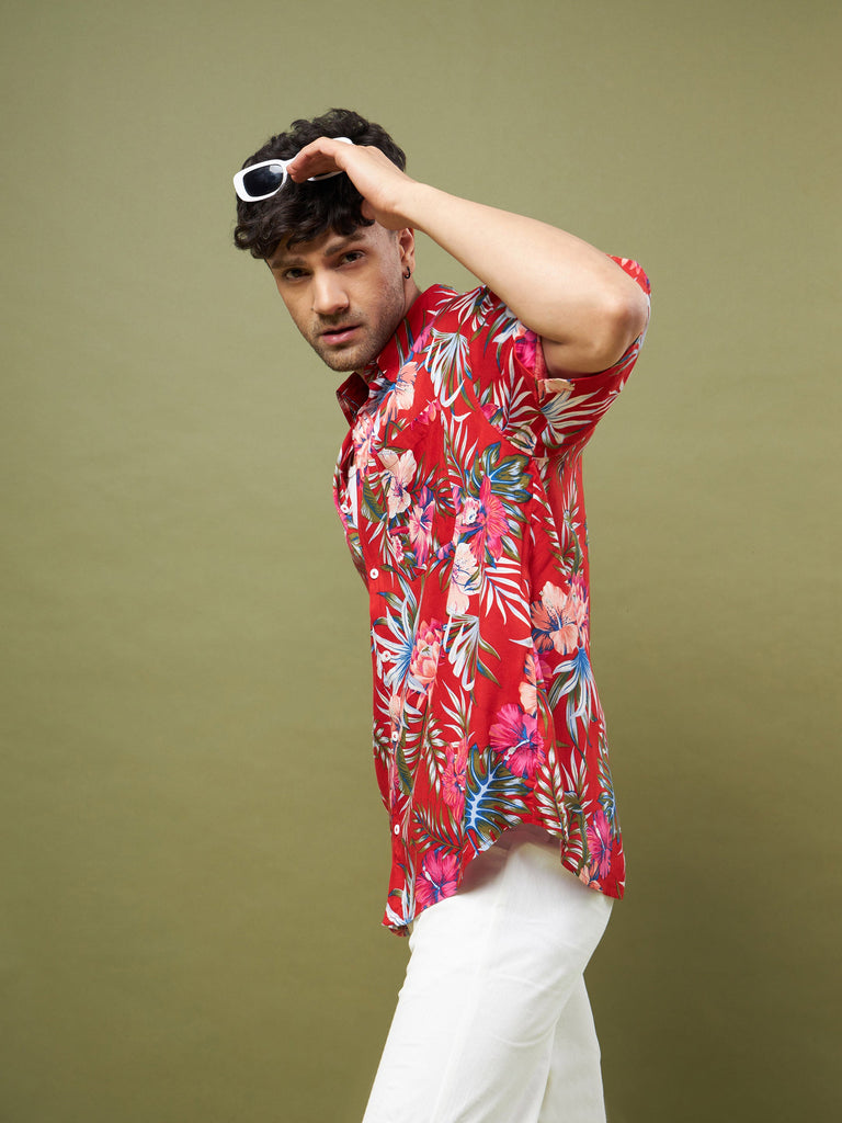 Men's Red Tropical Floral Oversized Shirt