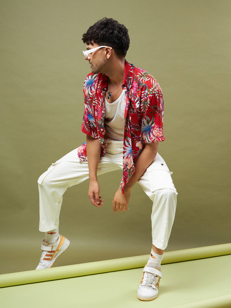 Men's Red Tropical Floral Oversized Shirt