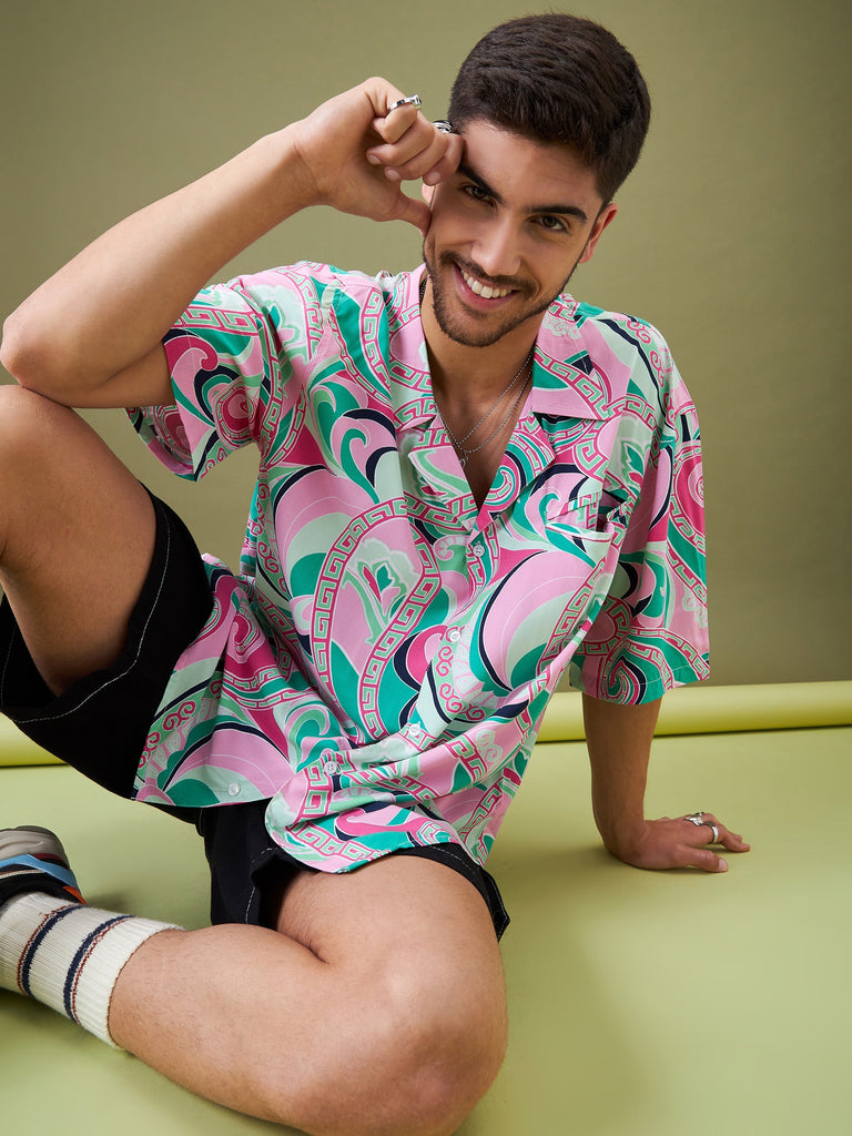 Men's Pink & Green Tropical Floral Oversized Shirt