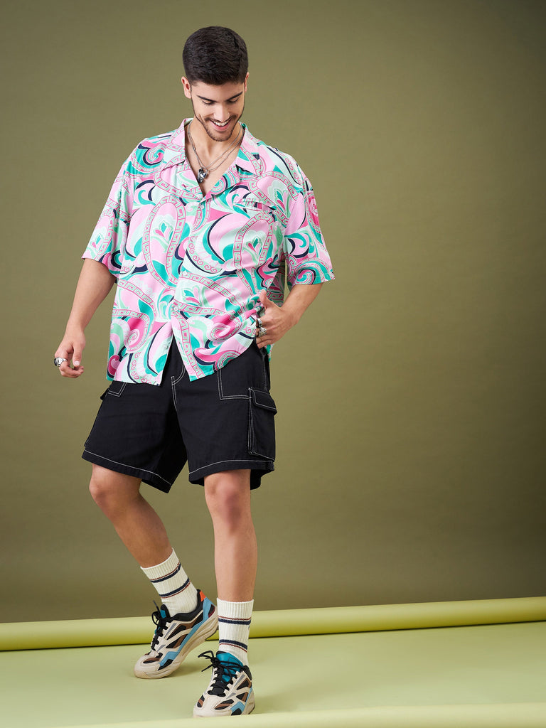 Men's Pink & Green Tropical Floral Oversized Shirt