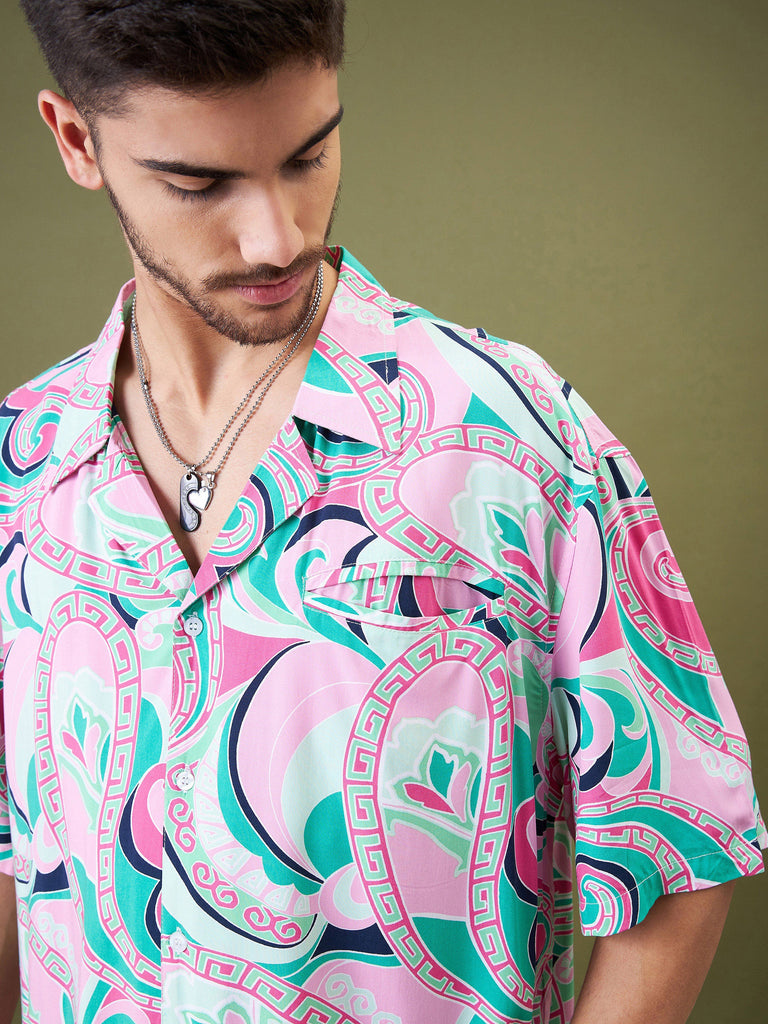 Men's Pink & Green Tropical Floral Oversized Shirt