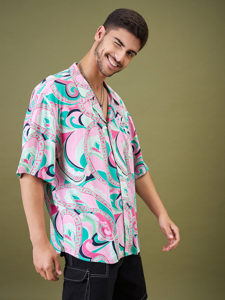 Men's Pink & Green Tropical Floral Oversized Shirt