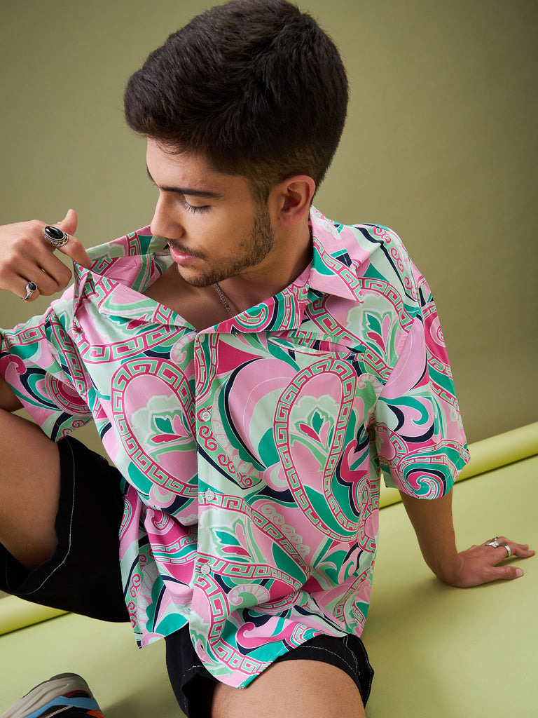 Men's Pink & Green Tropical Floral Oversized Shirt