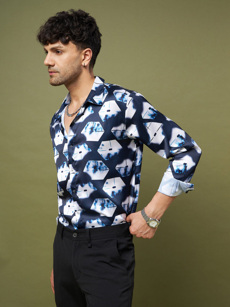 Unisex Navy & White Abstract Satin Relax Fit Shirt
