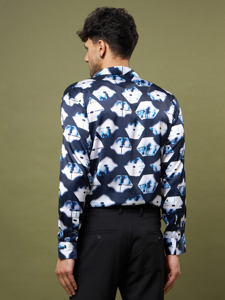 Unisex Navy & White Abstract Satin Relax Fit Shirt