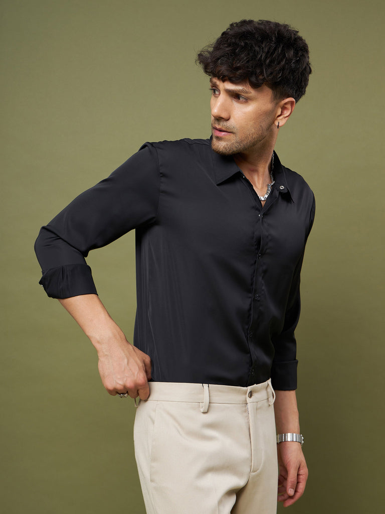 Unisex Black Satin Relax Fit Shirt