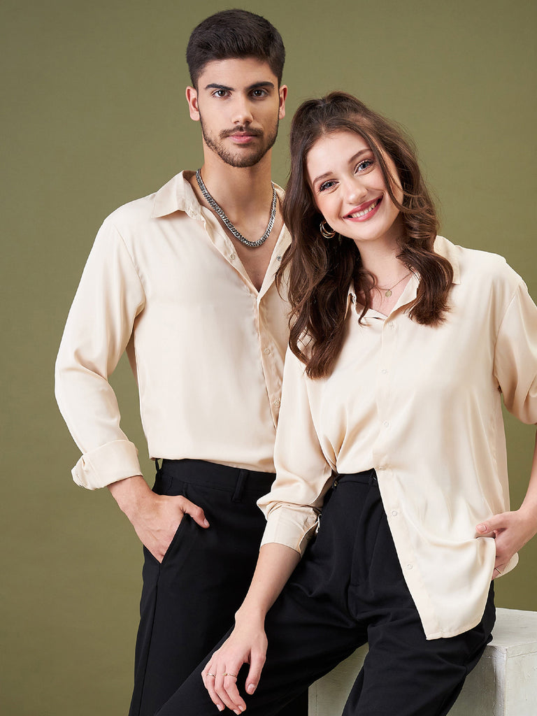 Unisex Beige Satin Relax Fit Shirt