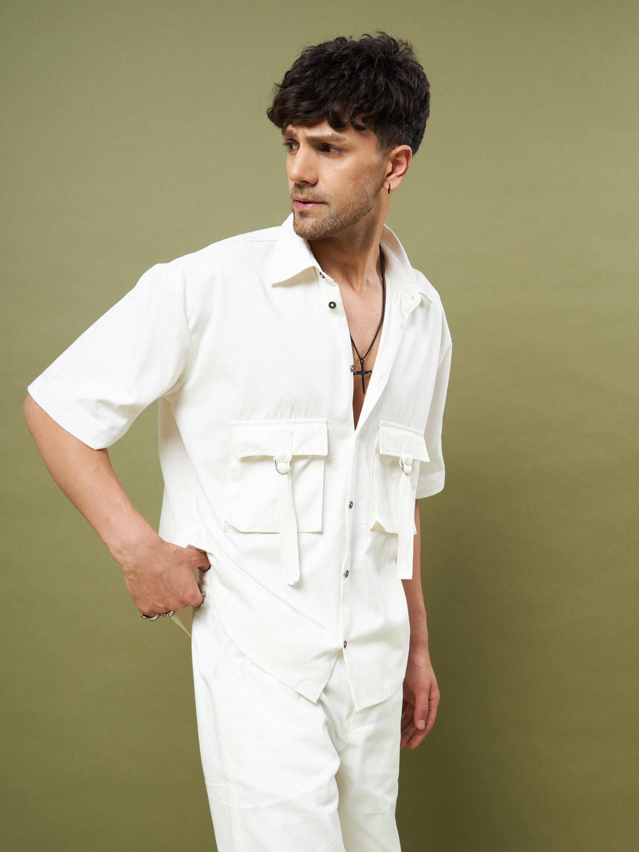 Men's White Twill Box Pocket Oversized Shirt - MASCLN SASSAFRAS
