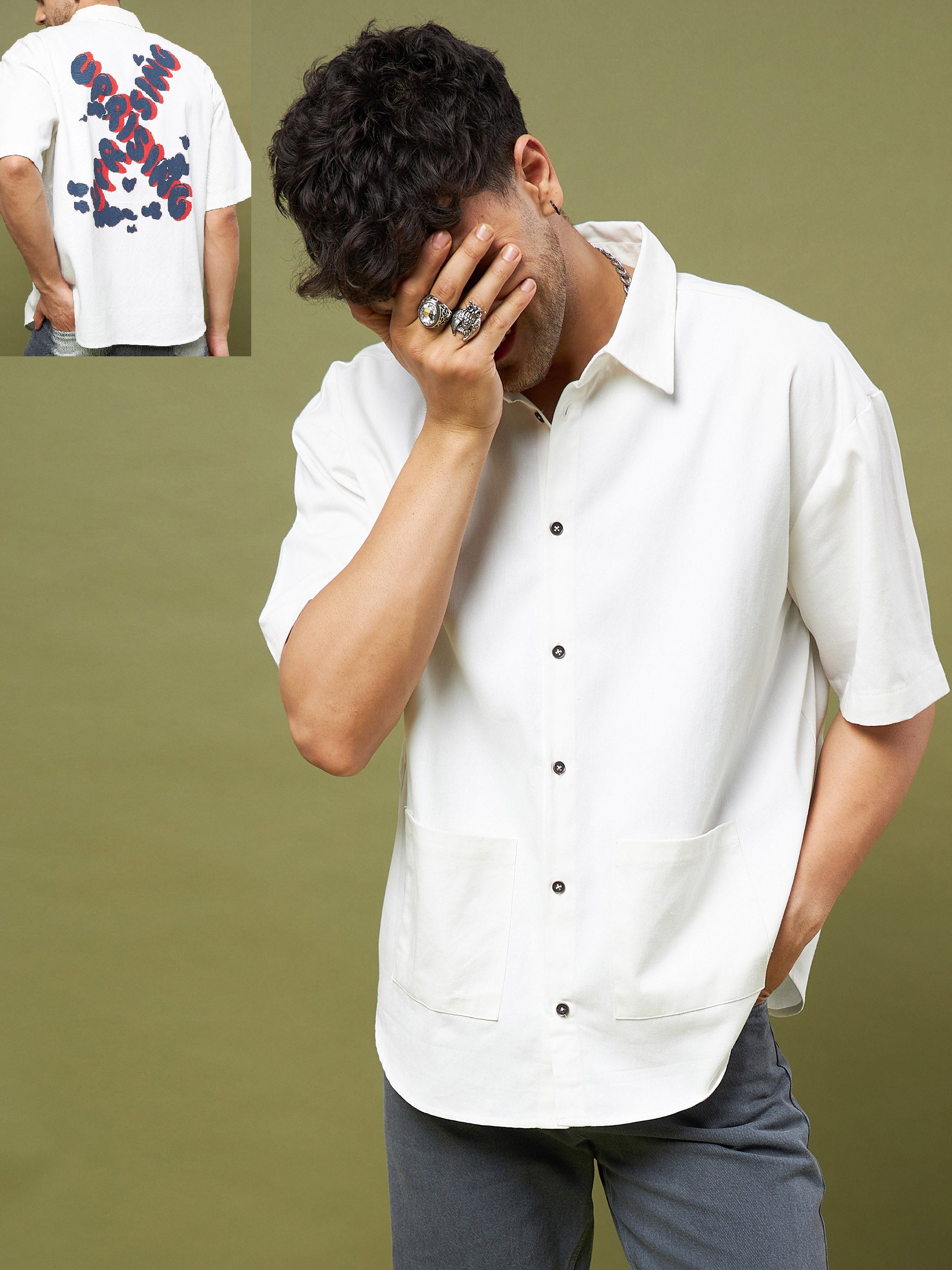 Men's White Twill UPRISING Printed Oversized Shirt - MASCLN SASSAFRAS