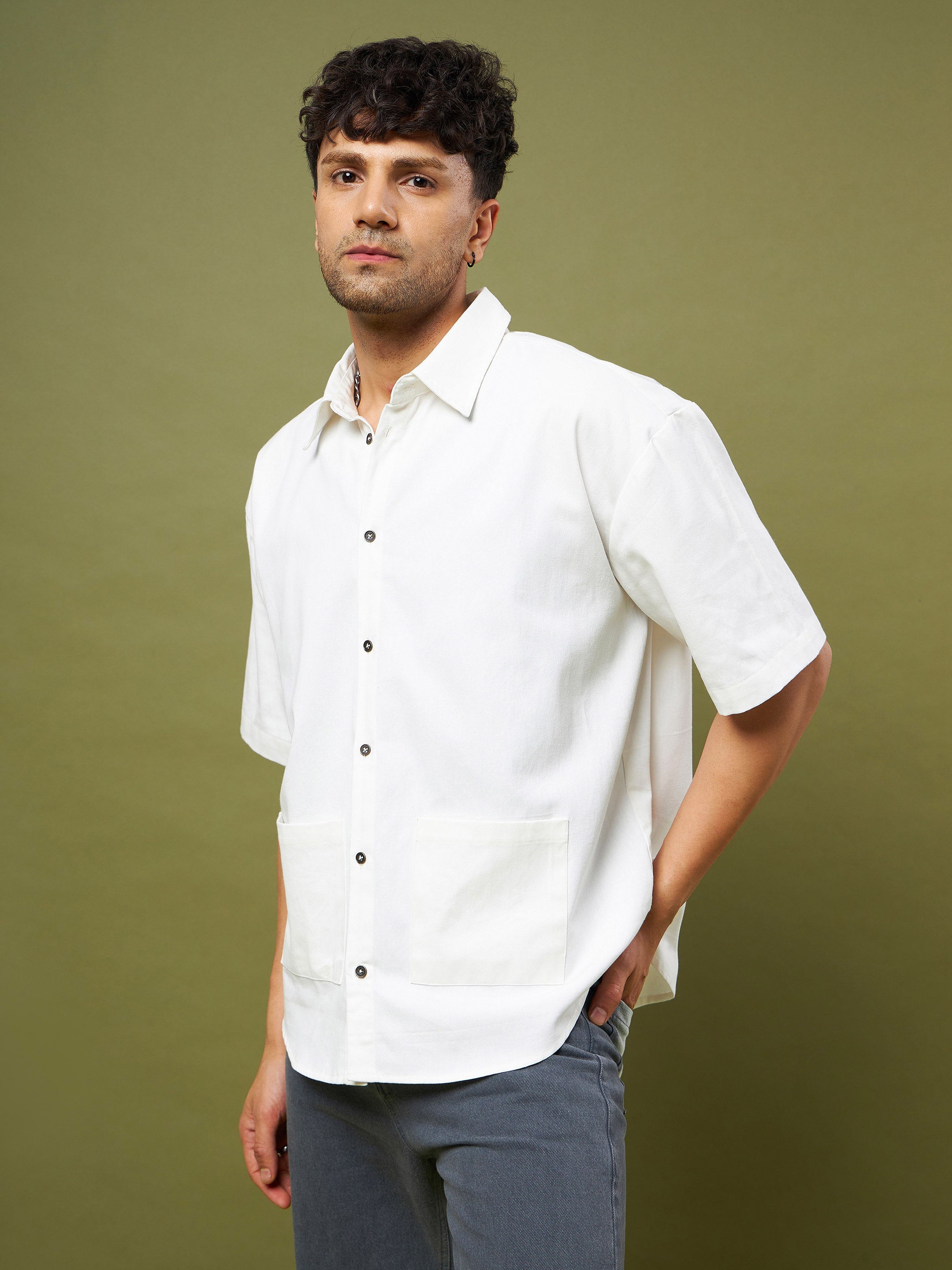 Men's White Twill UPRISING Printed Oversized Shirt - MASCLN SASSAFRAS