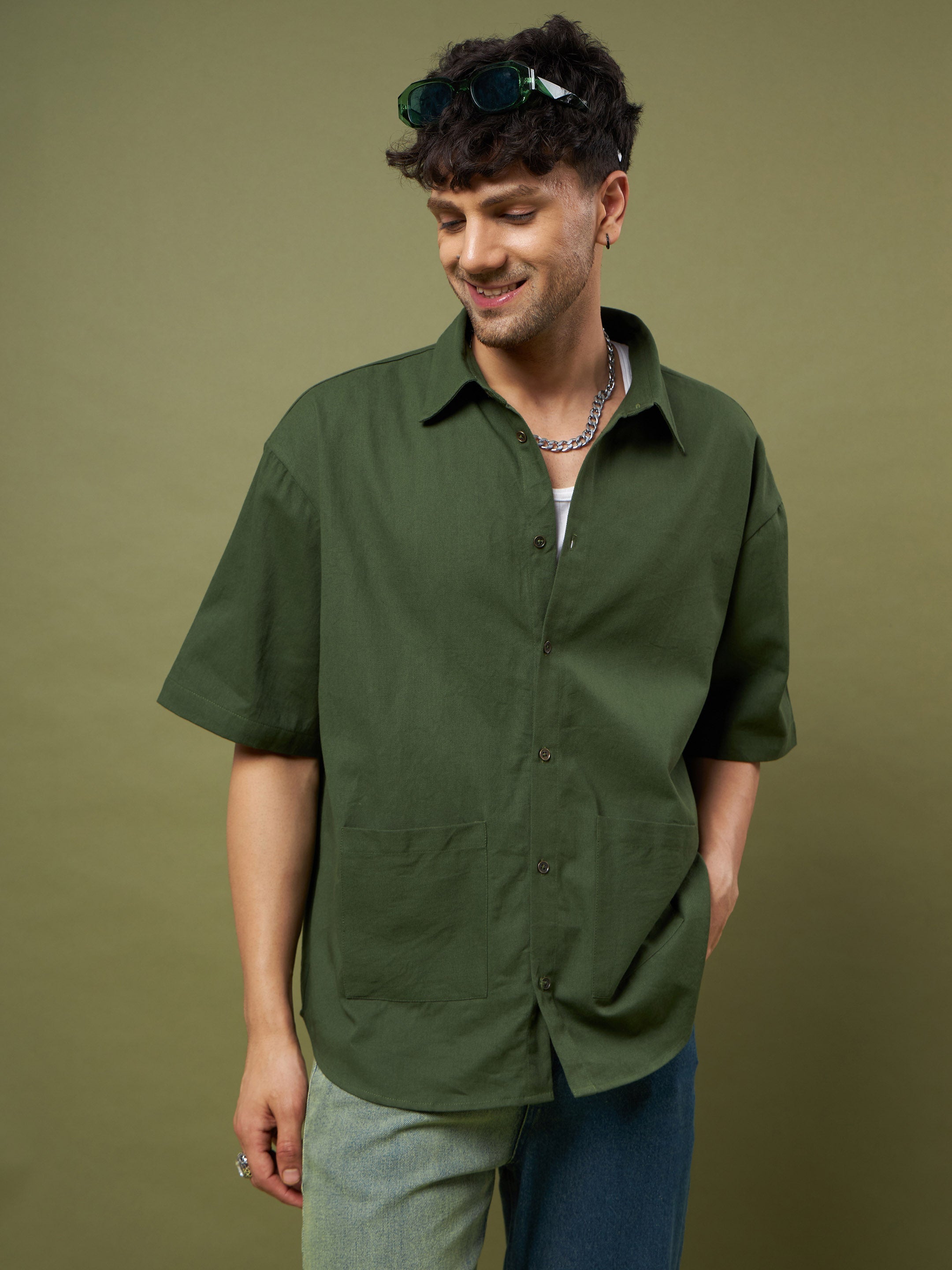 Men's Olive Twill FEAR Printed Oversized Shirt - MASCLN SASSAFRAS