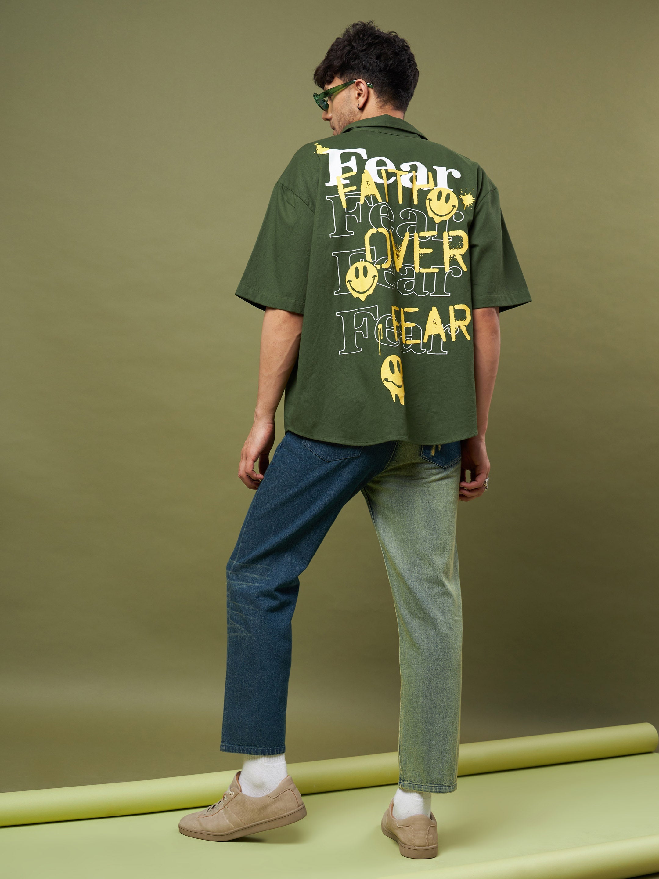 Men's Olive Twill FEAR Printed Oversized Shirt - MASCLN SASSAFRAS