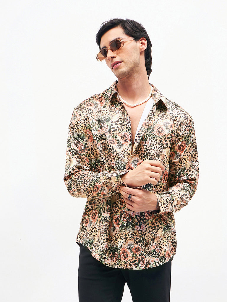 Men's Brown Floral Animal Print Satin Shirt