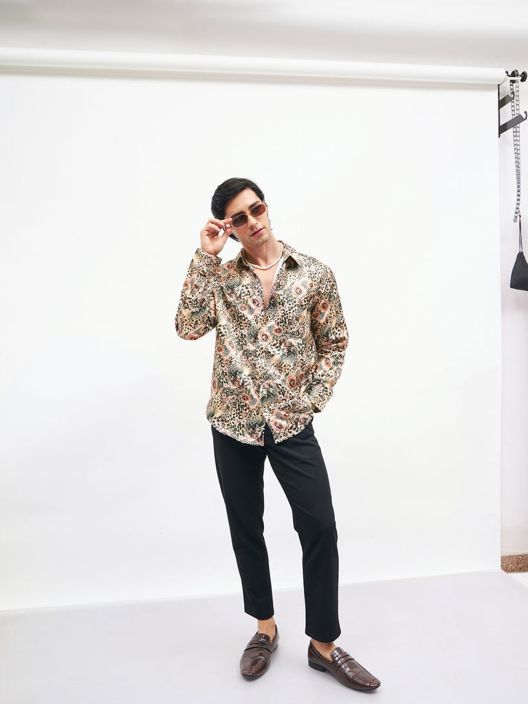 Men's Brown Floral Animal Print Satin Shirt
