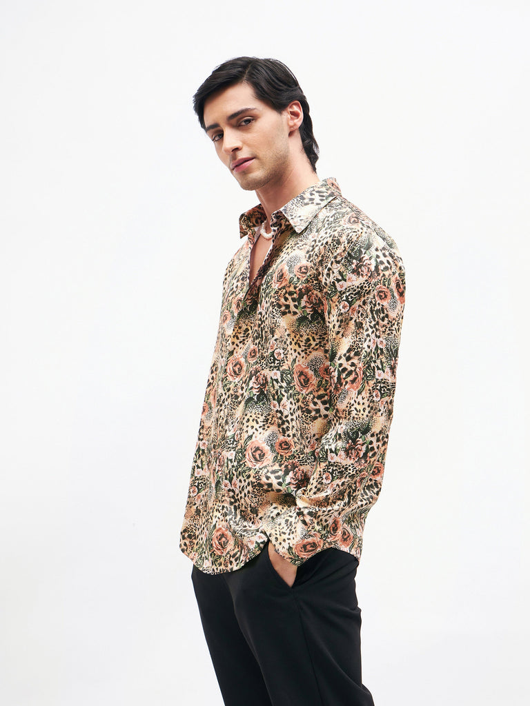 Men's Brown Floral Animal Print Satin Shirt