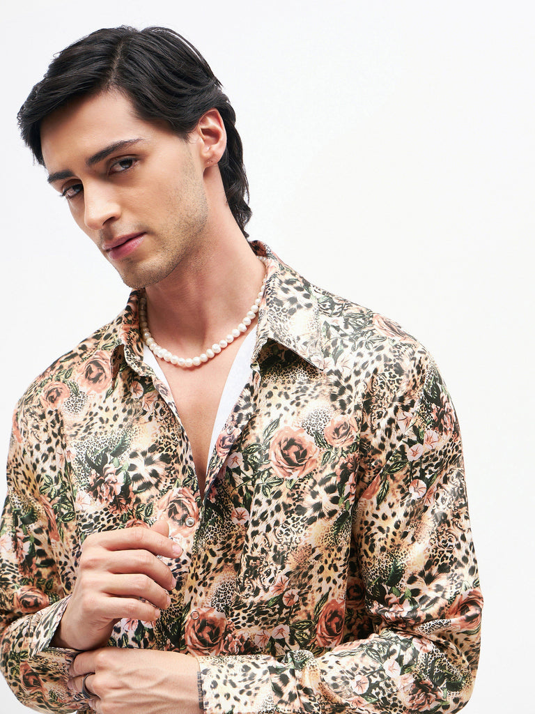 Men's Brown Floral Animal Print Satin Shirt