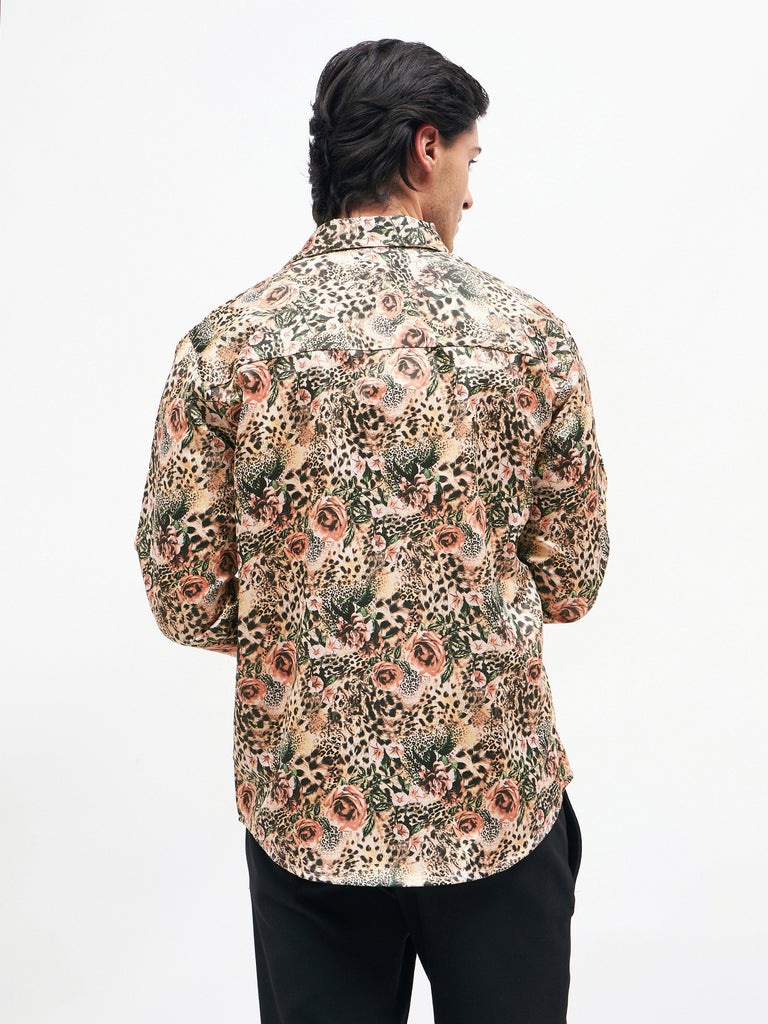 Men's Brown Floral Animal Print Satin Shirt