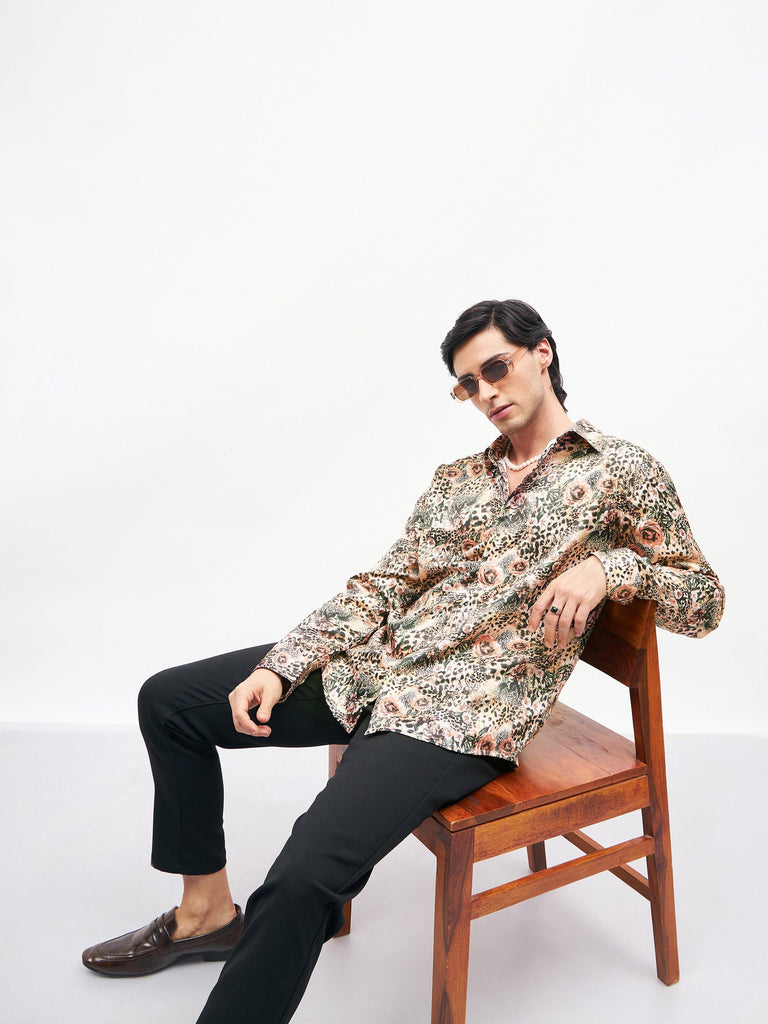 Men's Brown Floral Animal Print Satin Shirt