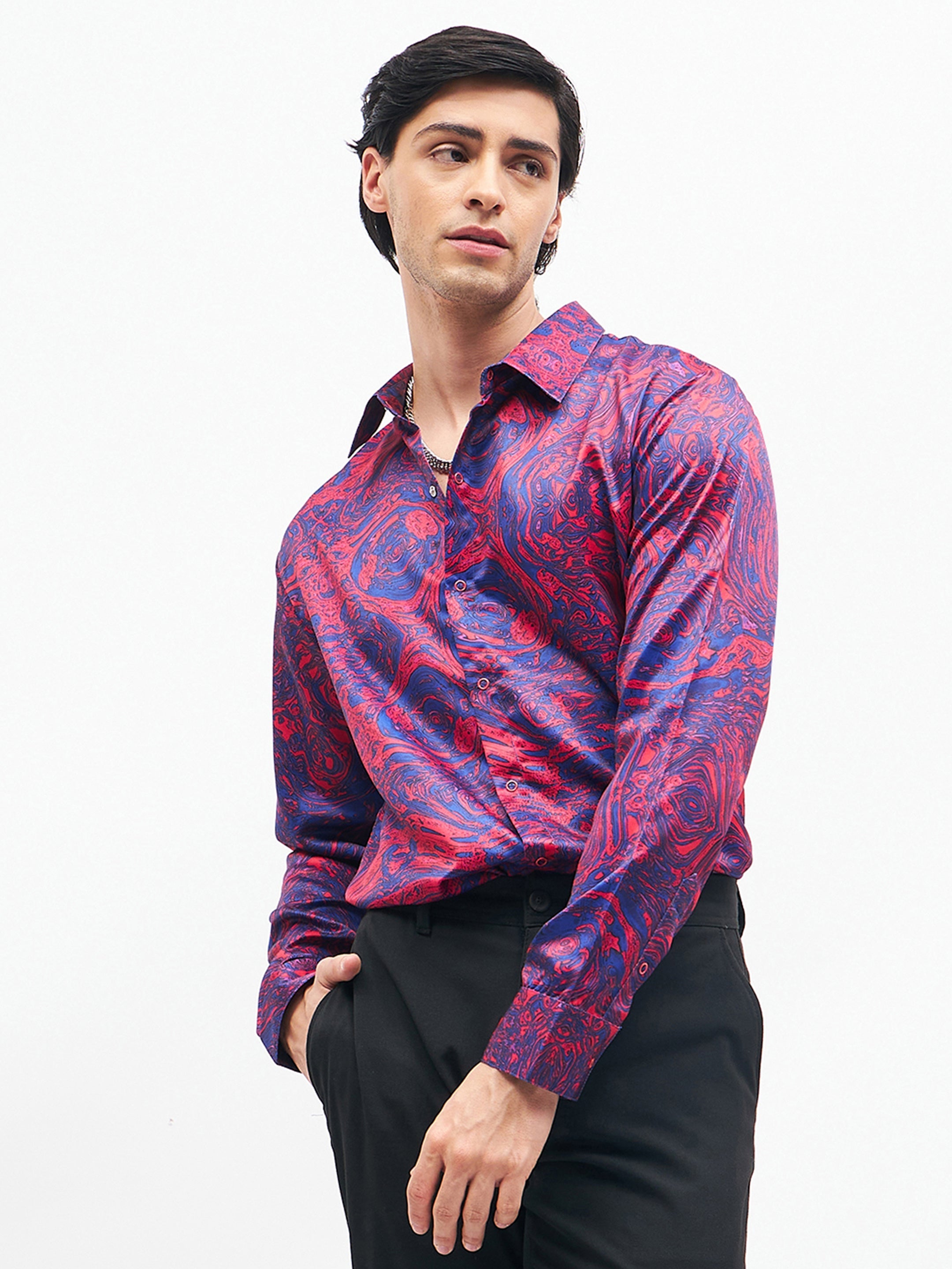 Men's Red Marble Print Satin Shirt - MASCLN SASSAFRAS