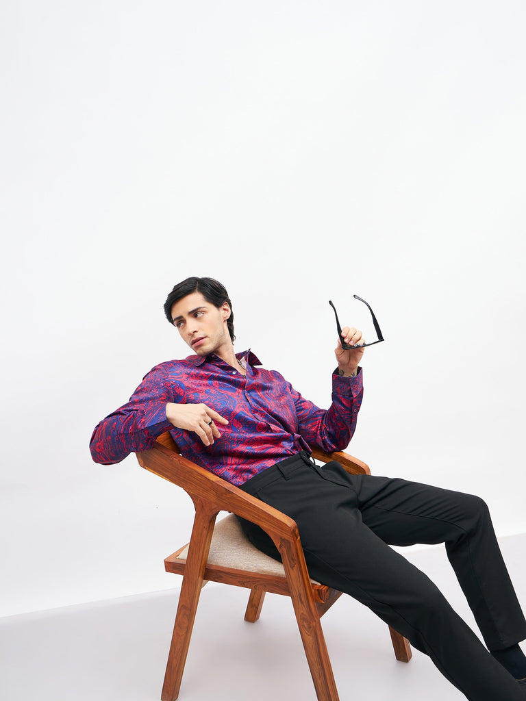 Men's Red Marble Print Satin Shirt