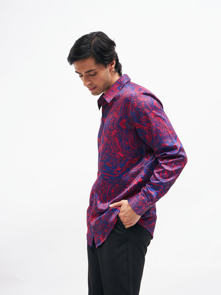 Men's Red Marble Print Satin Shirt