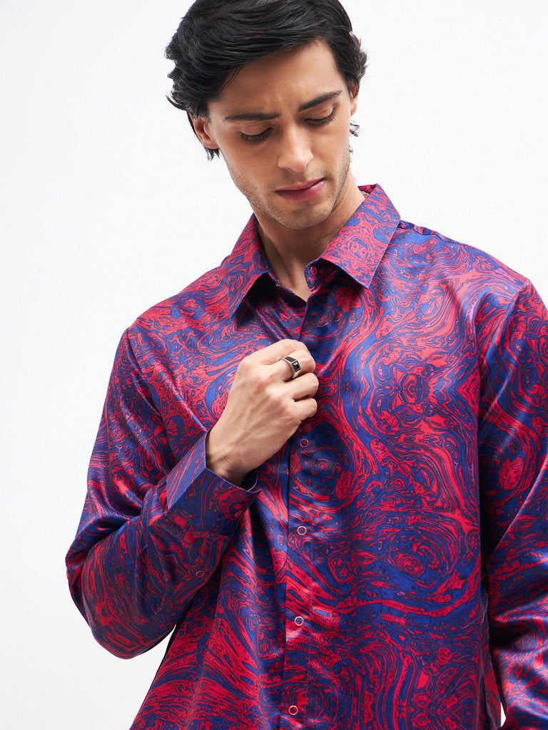 Men's Red Marble Print Satin Shirt