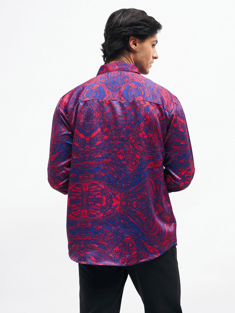 Men's Red Marble Print Satin Shirt