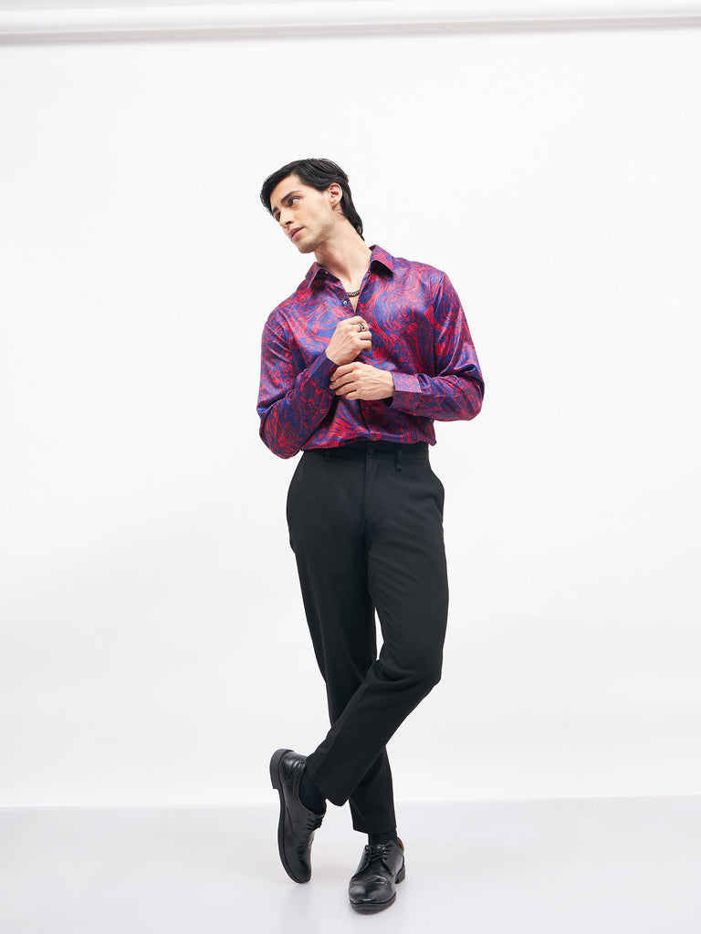 Men's Red Marble Print Satin Shirt