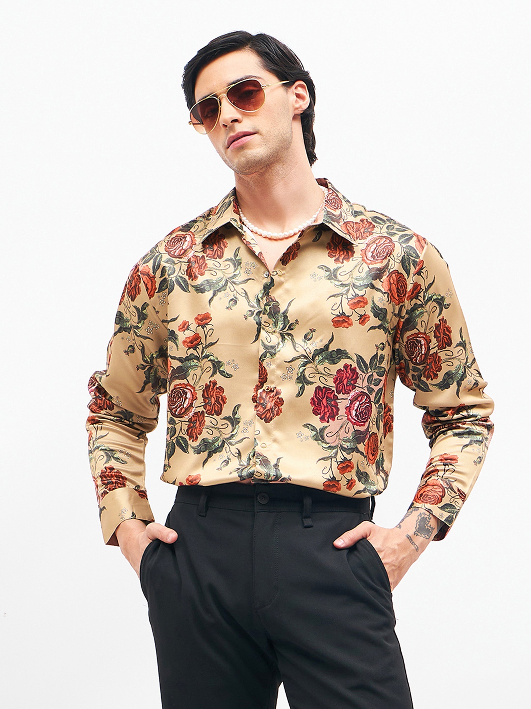 Men's Beige Floral Satin Shirt - MASCLN SASSAFRAS