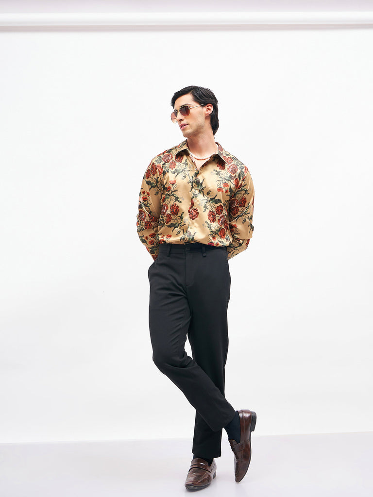Men's Beige Floral Satin Shirt