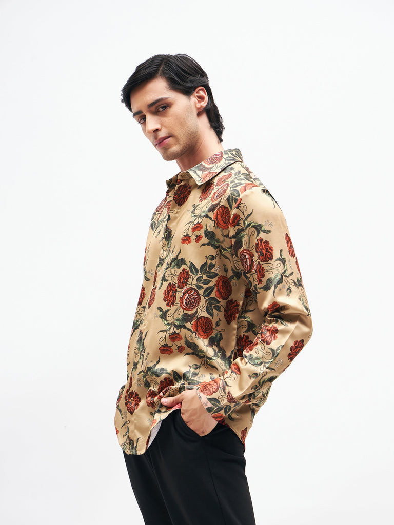 Men's Beige Floral Satin Shirt