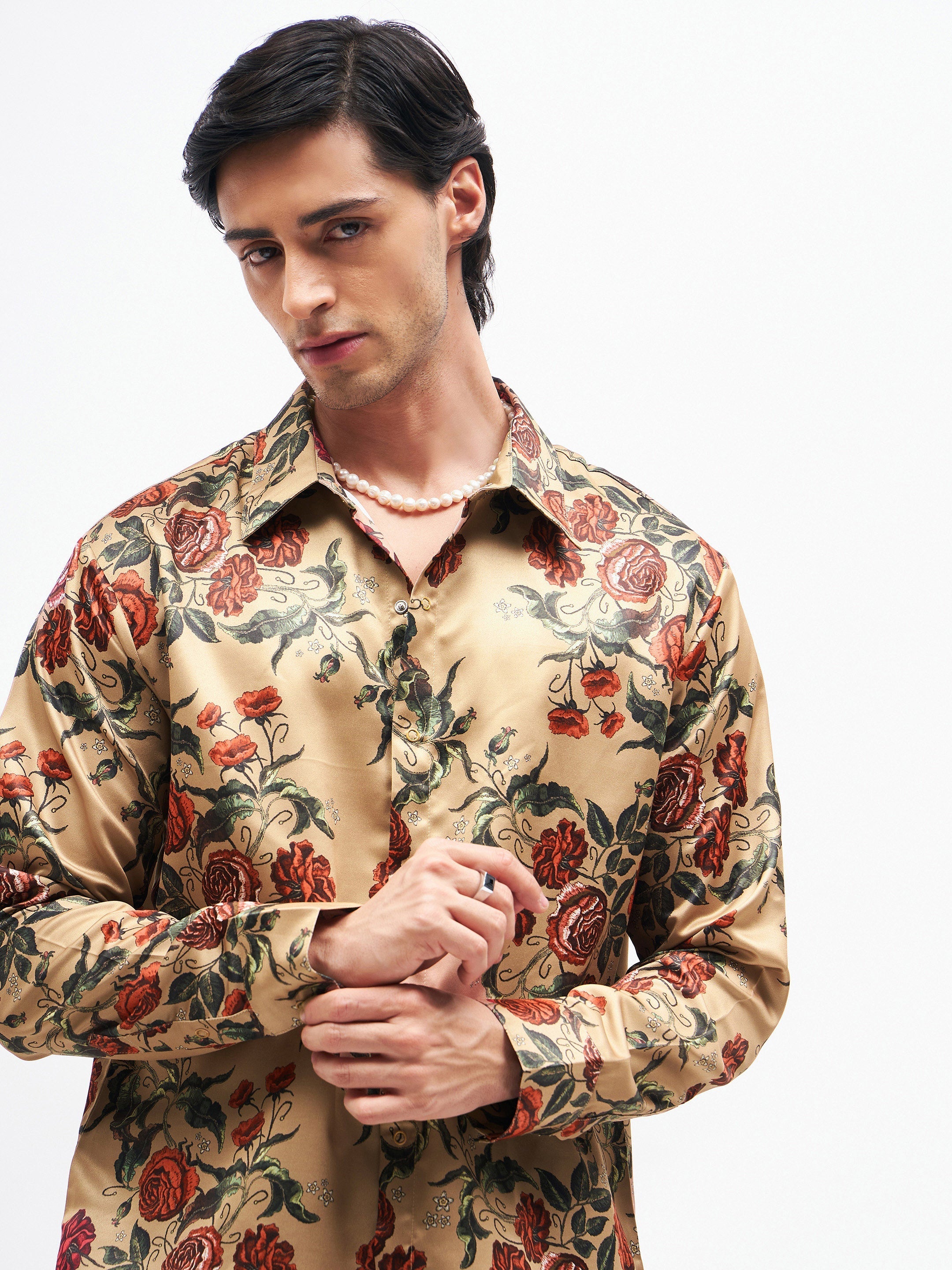 Men's Beige Floral Satin Shirt - MASCLN SASSAFRAS