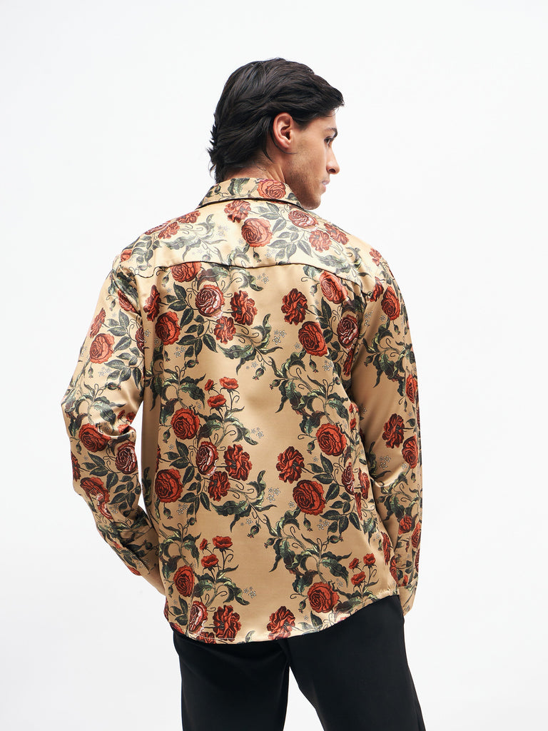 Men's Beige Floral Satin Shirt