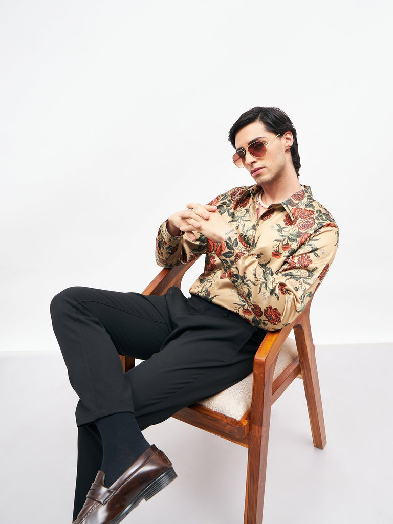 Men's Beige Floral Satin Shirt