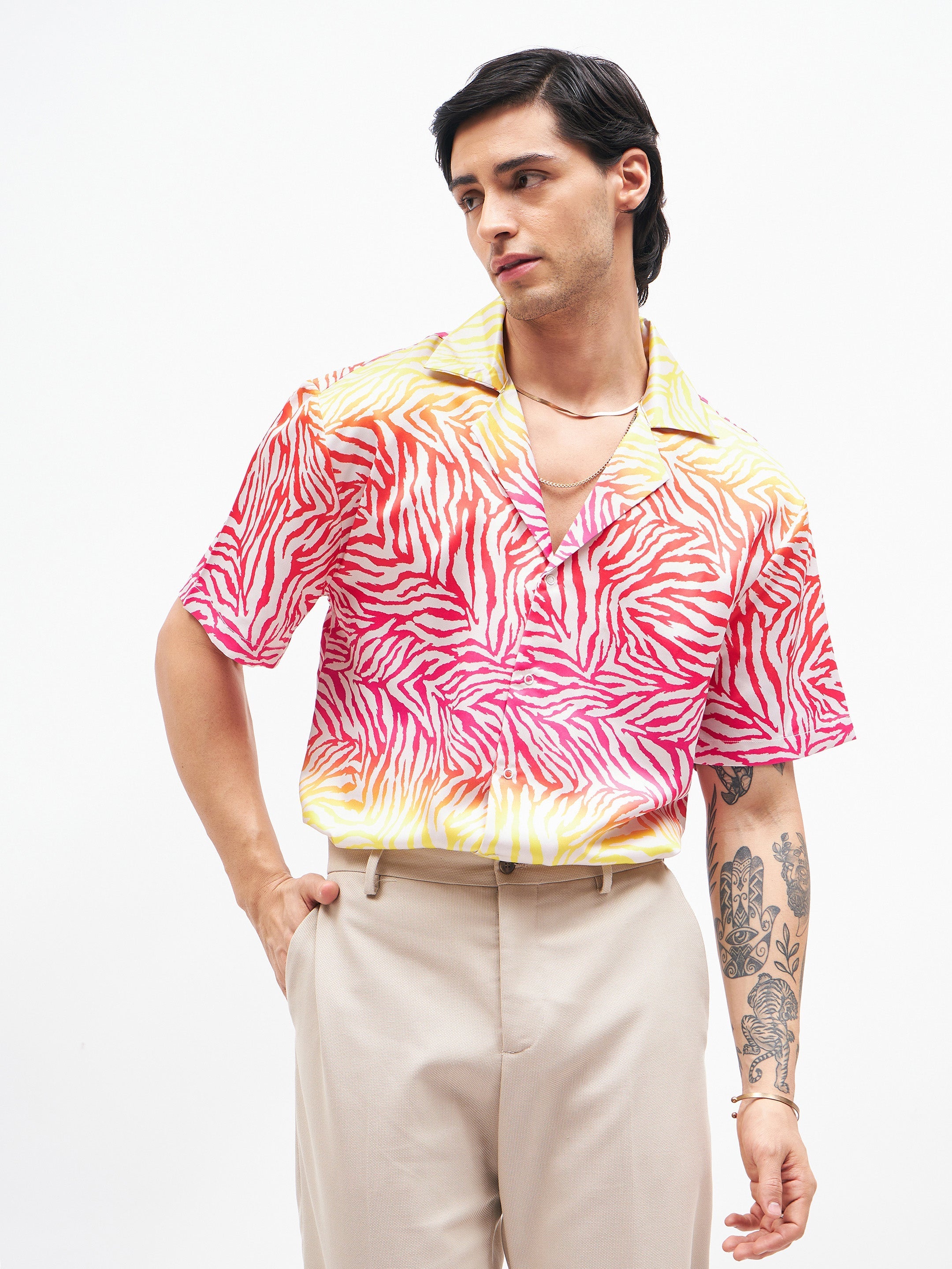 Men's Pink Zebra Short Sleeves Satin Shirt - MASCLN SASSAFRAS