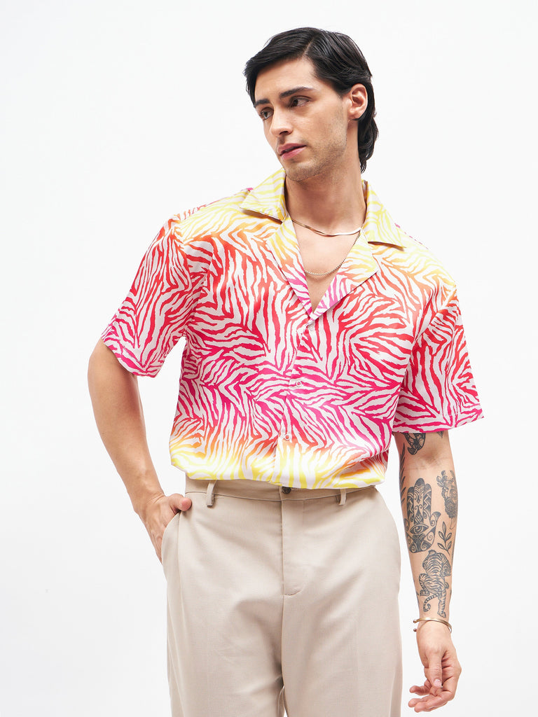 Men's Pink Zebra Short Sleeves Satin Shirt